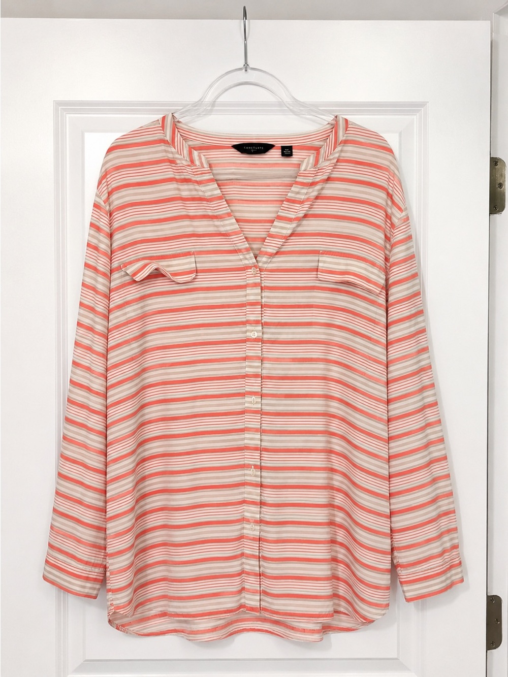 Investments 100% Silk Striped Button Front Blouse Coral Beige Women’s 2X